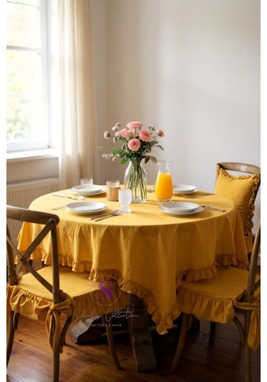 Hardal Renk El Yapımı Buldan Yıkanmıs Keten 4 Tarafı Fırfırlı Sandalye Minderi Hardal