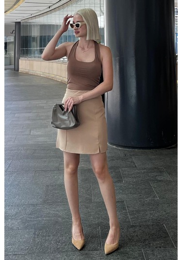 Madmext Bej Yüksek Bel Önden Yırtmaçlı Kısa Etek Mg2086 Bej