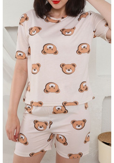 Fames Pijama Yazlık Desenli Loose Crop Şortlu Pijama Takım Krem