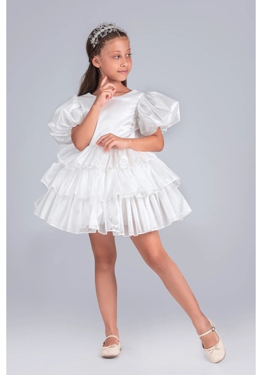Volanella Taçlı Kız Çocuk Abiye Çift Tarz, Tek Elbise. Beyaz
