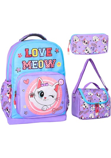 İlkokul Kedi Baskılı Lila, 3 Lü Kız Çocuk Beslenmeli Ve Kalemlikl