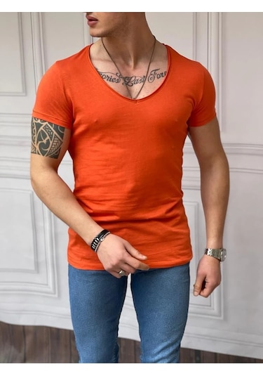 Modefendi Slim Fit Derin Açık Yaka Pamuklu Tshırt Turuncu