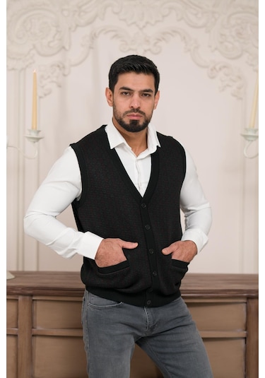 Woolen World Regular Fit Ön Cepli Desenli Kolsuz Erkek Triko Yelek Siyah