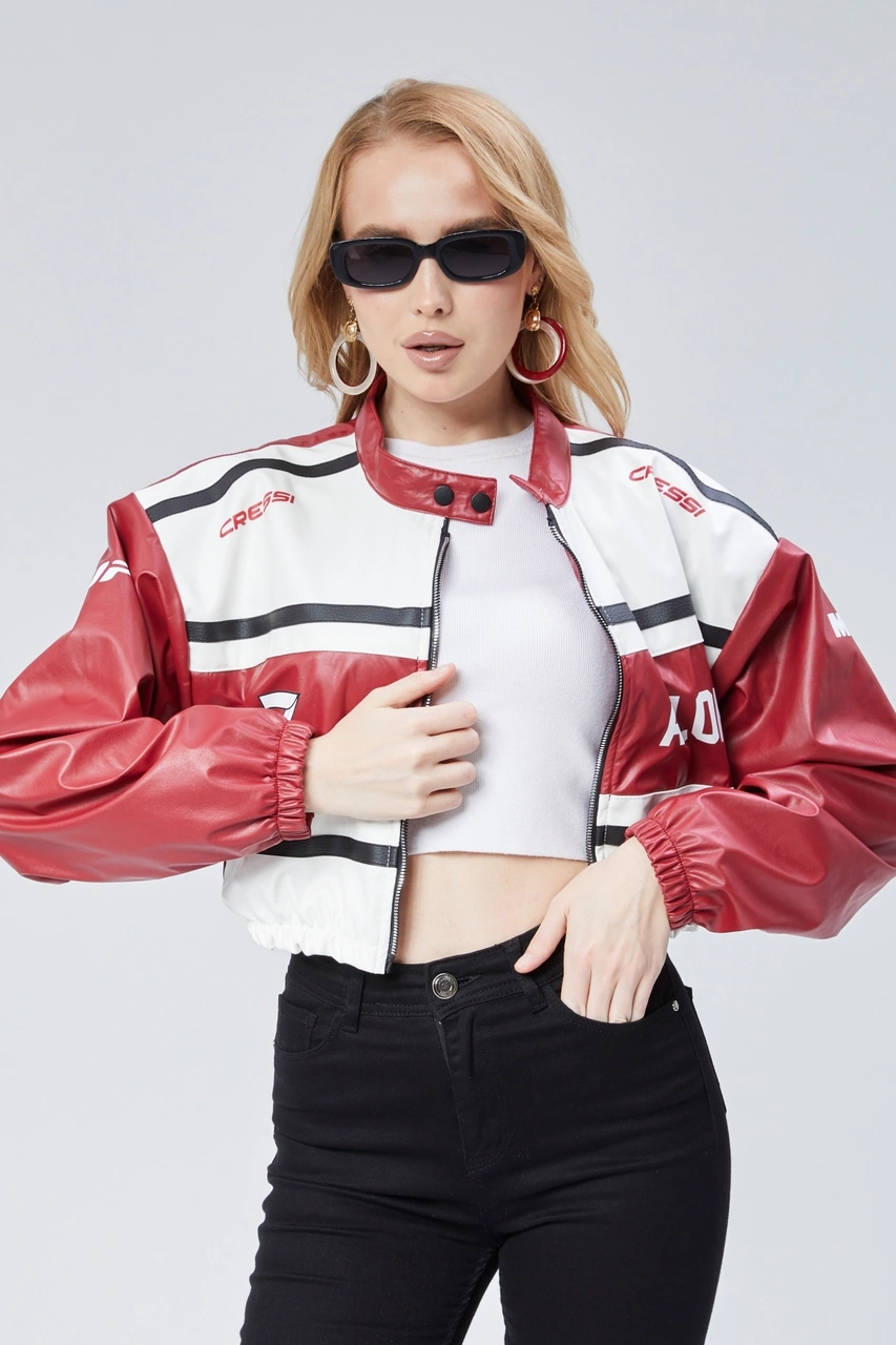 Kadın Deri Baskılı Şeritli Ceket Beli Ve Kolu Lastikli Kolej Hakim Yaka Bomber Yarışçı Motorcu Mont Kırmızı