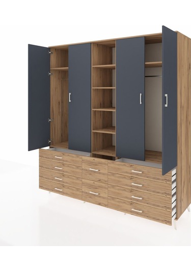 Kronos Dolap 9 Raflı 10 Çekmeceli 2 Askılı 220x59x243 Çam-antrasit/çam Antrasıt/atlas Çam