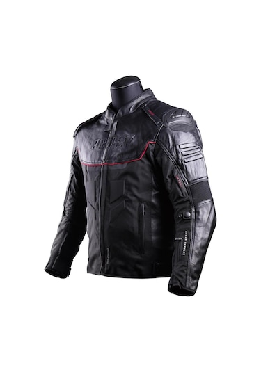Falcon 4 Mevsim Siyah Deri Motosiklet Mont