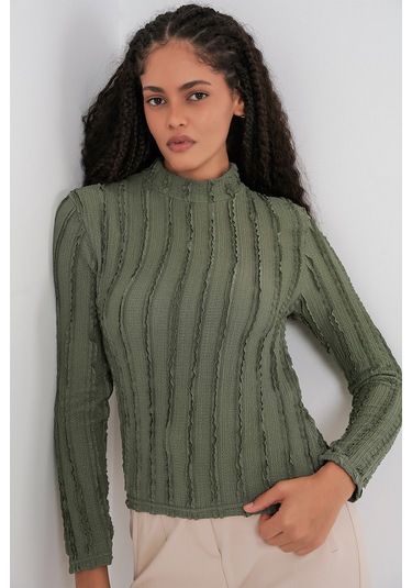 Kadın Dokulu Esnek Örme Bluz 975 - Haki haki