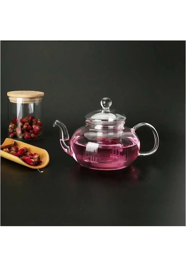 Borosilikat Cam Kapaklı Cam Süzgeçli Demlik Ve Cam Isıtıcı 1000ml Şeffaf