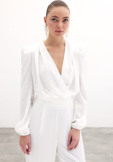 Kruvaze Desenli Bodysuit Bluz - Ekru-134280 Ekru