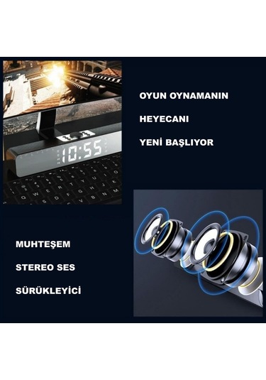 Triline Bluetooth Hoparlör Şarjlı Yatay Ses Sistemi Led Ekran Fm Çalar Saat Sıcaklık Pc Usb Aux Tf Kart
