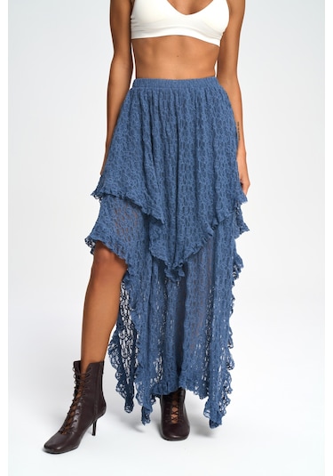 Mireya Asimetrik İndigo Dantel Etek İndigo