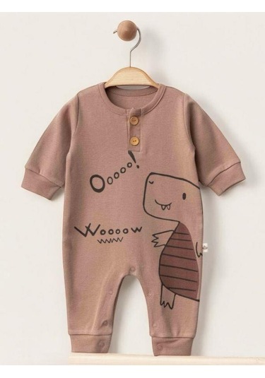 Zekids Erkek Bebek Dinazor Desenli Organik Tulum-15509 Kahverengi
