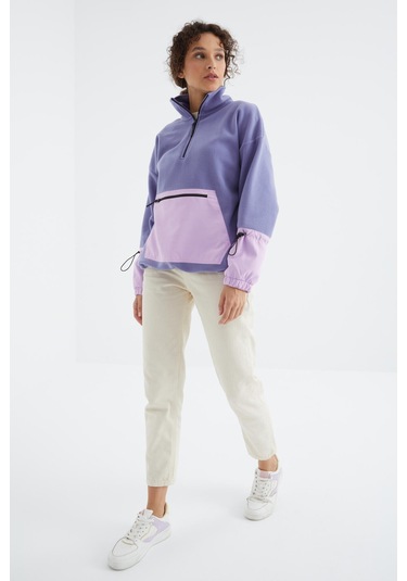 Tommy Life Açık Eflatun Etek Ucu Büzgülü Yarım Fermuarlı Oversize Kadın Polar Sweatshirt - 97238 Eflatun
