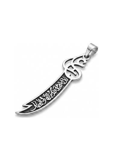 Oya Silver Orta Hat İşlemeli Hz. Ali Zülfikar Gümüş Kolye Ucu 6x1.9cm Oyot323