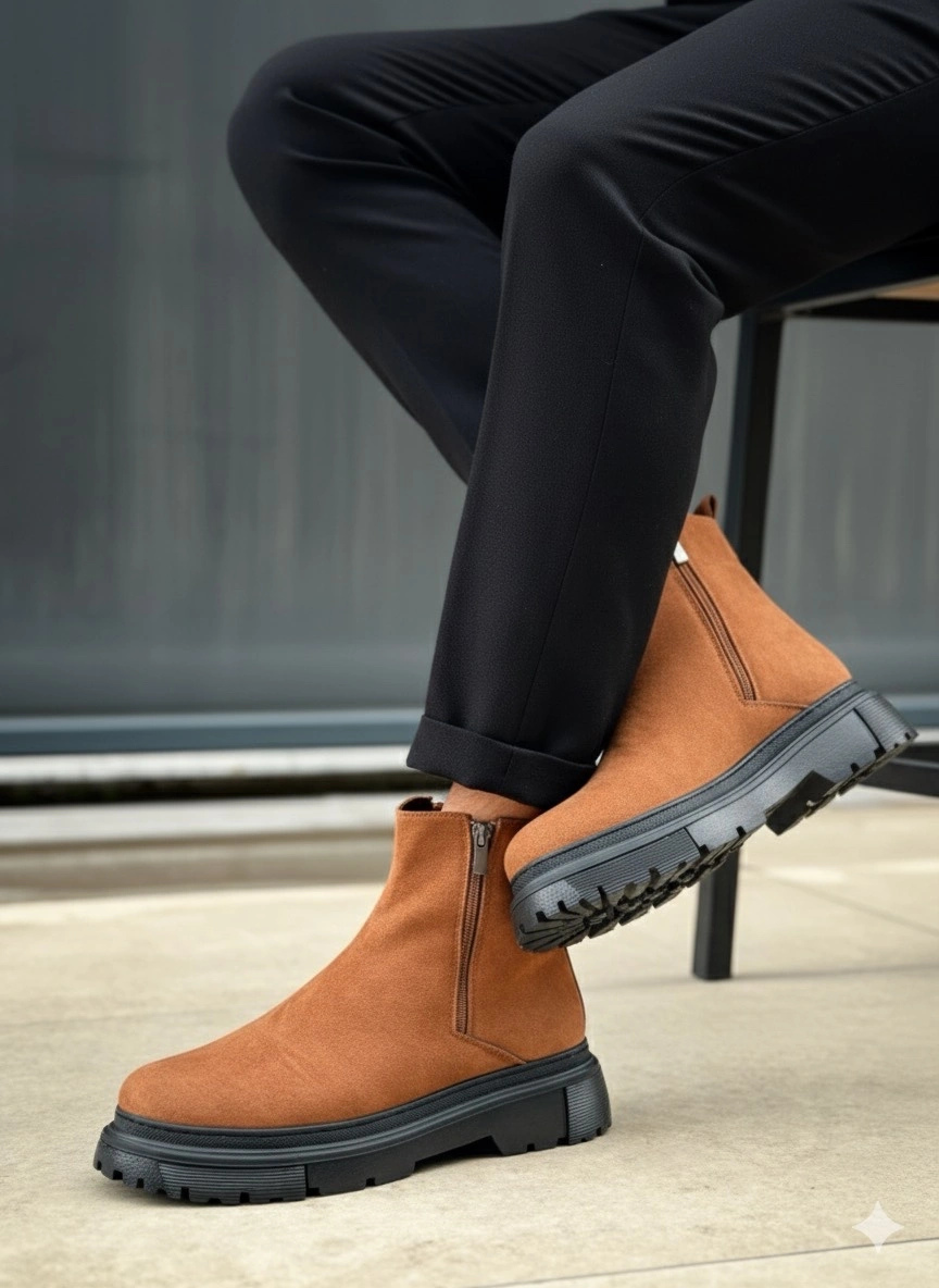 Ba0777 Süet Taba Siyah Taban Çift Fermuarlı Erkek Yarım Bilek Bot Taba