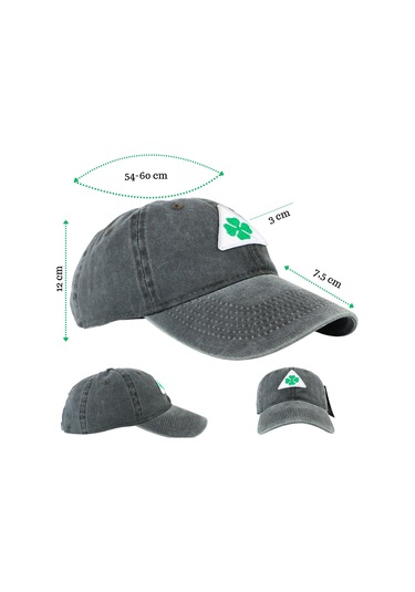 Perlotus Vintage Yıkamalı Pamuk Şapka Dört Yapraklı Yonca Nakışlı Yeşil Siyah