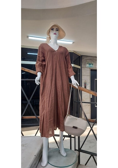 İtalyan V Yaka Uzun Kol Keten Elbise-8907 Kahve Rengi Kahverengi