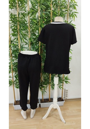 Kadın Kısa Kollu V Yakalı Iki Iplik Bluz Ve Pantolon Ikili Takım Siyah