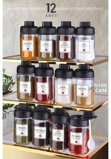 12 Adet Kapağı Kendinden Kaşıklı Cam Baharatlık Seti ŞEffaf