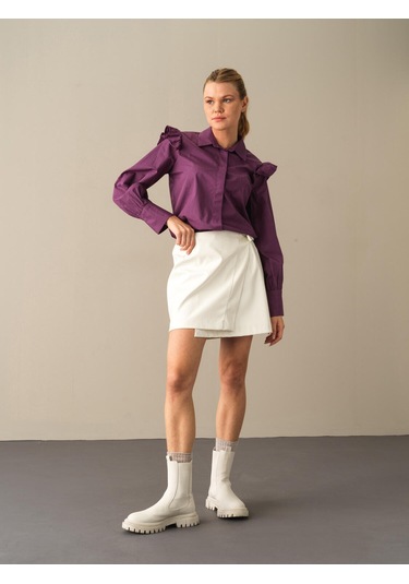 Xint Yüksek Bel Regular Fit Deri Görünümlü Etek 23KB01270368-46 Ekru