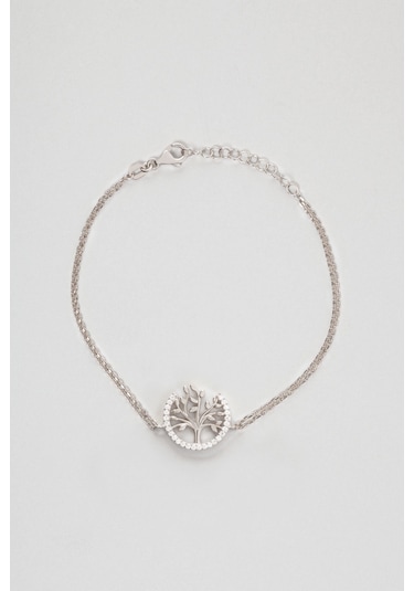 So Chic Hayat Ağacı 18 Ayar Beyaz Altın Kaplama Taşlı Gümüş Bileklik