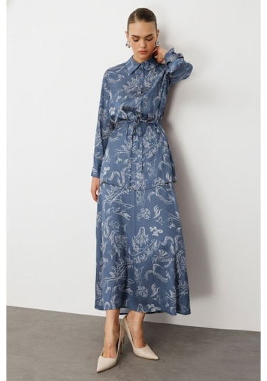 Mizalle Mavi Desenli Evaze Uzun Saten Etek Mavi