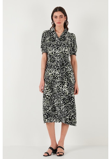 Lela Desenli Relaxed Fit Balon Kol Yırtmaçlı Kemerli Midi Boy Bayan Elbise 67810558 Yeşil-Leopar