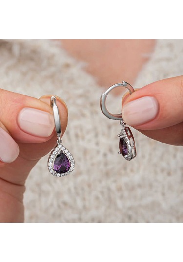 Artsmagazinmücevher Gümüş Mor Zirkon Taşlı Damla Kadın Küpe