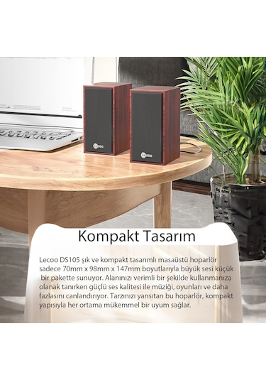 Lecoo DS105 Kablolu USB + 3.5mm Jack Girişli 6W Stereo Masaüstü Ahşap Hoparlör