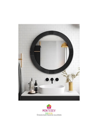 Safir Siyah Dekoratif Ayna Yuvarlak Işlemeli Duvar Aynası 43 Cm Siyah