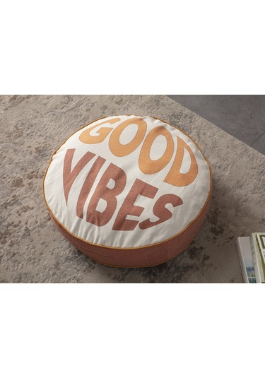 Good Vibes Yazılı Taşınabilir Dekoratif Yuvarlak Yer Minderi Puf