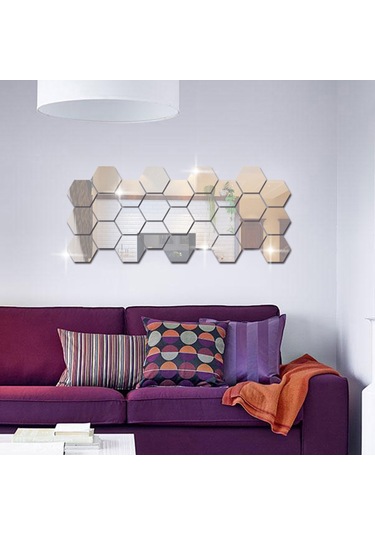 Fosenze Kendinden Yapışkanlı 36 Adet Akrilik Ayna Çıkartma - Parlak Gümüş Renkli Dekoratif Duvar Sticker Gümüş