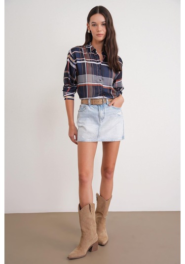 4751 Kadın Ekose İnce Saten Gömlek Lacivert Lacivert