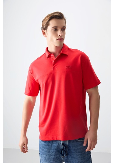 Tommy Life Fiesta Pamuklu Kalın Yumuşak Dokulu Polo Yaka Oversize Fit Basic Erkek T- Shirt - 88382 Kirmizi