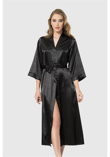 Ahu Aria's Closet Siyah Uzun Saten Sabahlık Siyah