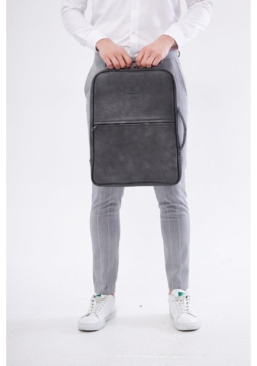 Derinss Dub3050 Hakiki Deri Gri Gölge Organizerli Laptop Sırt Çantası 001