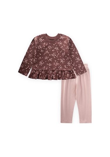 Cigit Desenli Uzun Kollu T-shirt Kız Çocuk Takım - Mürdüm