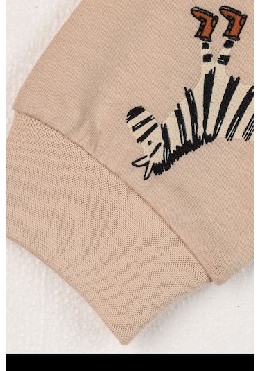 Zuzunga Sevimli Animal Aslan-zebra-fil Desenli %100 Pamuk Çocuk Pijama Takımı Ekru