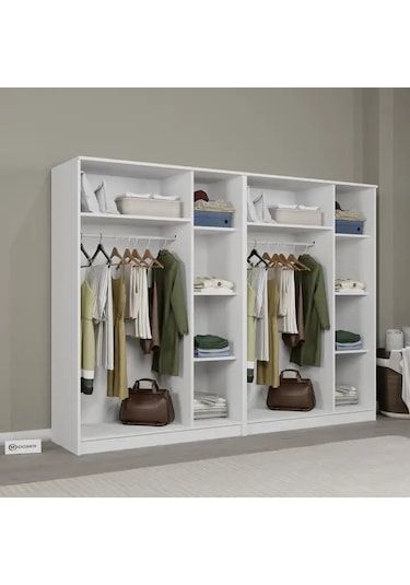 Kardelen Serisi Mat Beyaz 6 Kapaklı 10 Raflı 240 Cm Elbise Dolabı - Gardırop Seti Beyaz