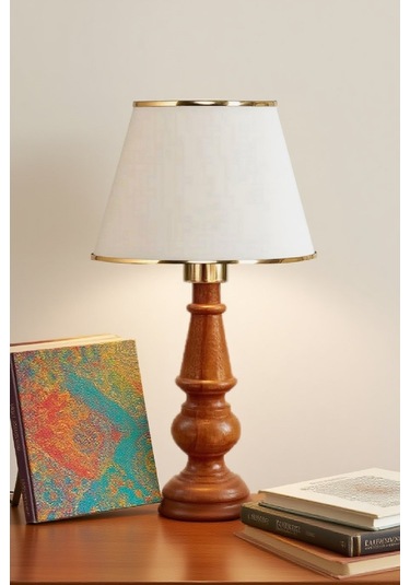 Ahşap Gövdeli Kumaş Başlıklı Dekoratif Abajur Masa Lambası Aydınlatma Lamba Krem