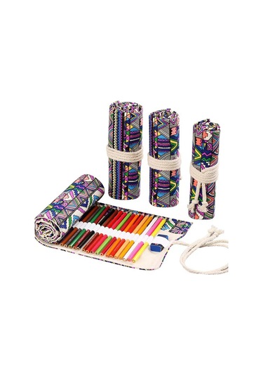 Wezone Eşsiz Desenli Kanvas Kalem Çantası - 24 Delikli, Boya Kalemi, Pastel Ve Çizim Araçları İçin Taşınabilir Organizatör