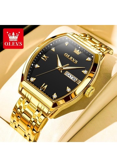 Olevs Top Marka Erkek Kuvars Saat Lüks Elmas Şık Paslanmaz Çelik Tonneau Kadran Su Geçirmez Işıldayan Erkek Kol Saati Altın - Siyah
