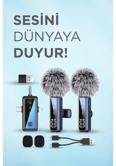 H68 Type-c + Lightning + Aux 2li 3in1 Kablosuz Yaka Mikrofonu