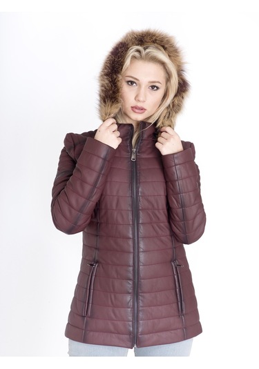 Kadın Gerçek Deri Şişme Kaban Bordo