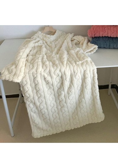 Sonbahar Kış Gecelik Kalın Mercan Polar Gevşek Cepler Sıcak Düz Renk Yuvarlak Boyun Bükülmüş Doku Uzun Kollu Tam Boy Termal Ev Tekstili Beyaz