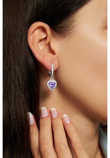 925 Ayar Ametist Taşlı Rodyum Pırlanta Işıltılı Sallantılı Kalp Gümüş Küpe Gümüş