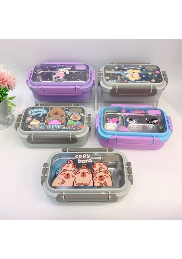 Kapibara 1 Paslanmaz Çelik Bölmeli Çocuk Yemek Seti - Sızdırmaz Gri