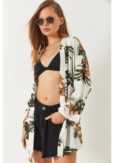Shade Kadın Çiçek Desenli Kısa Viskon Kimono 60261498 - Ekru