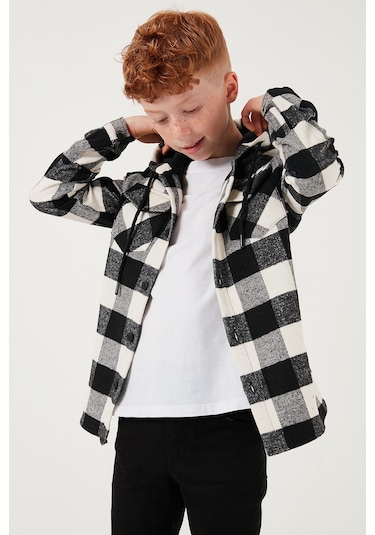 Lela Kapüşonlu Çift Cepli Ekoseli Oduncu Erkek Çocuk Gömlek Cf25W81787 Siyah