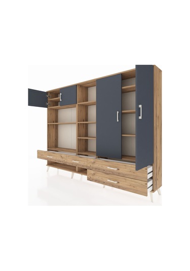 Arges Dolap 12 Raflı 4 Çekmeceli 4 Kapaklı 220x30x163 Çam-antrasi Çam-antrasit/çam